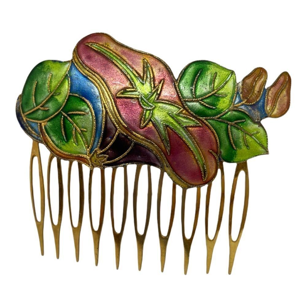 Vintage Cloisonné Enamel Floral Hair Comb 80s - Picture 4 of 14